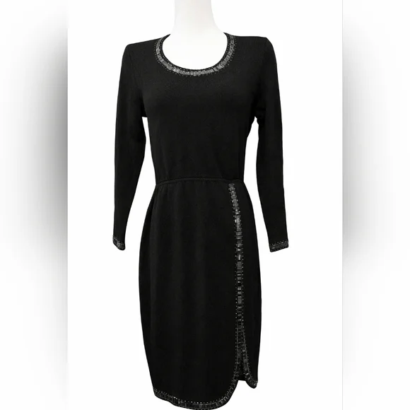 Vintage St John Black Knit Dress Beaded Trim Long Sleeve Size 4 - Picture 2 of 7